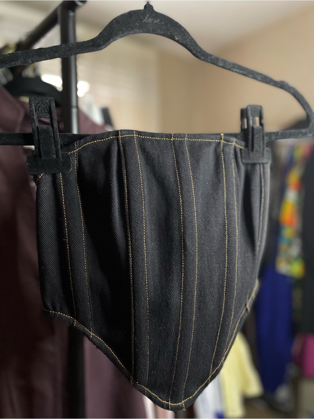 Blue-Black Denim Corset-Style Bustier with Contrast Stitching